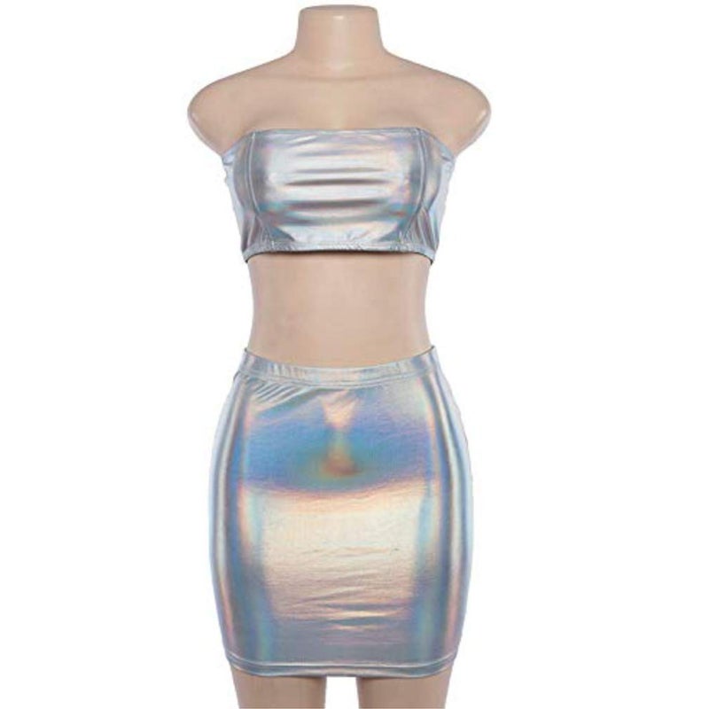 Fenyong Women's Metallic Shiny Off Shoulder Crop Top + Silver Skirt Two Piece Rave Outfits Set - Image 2